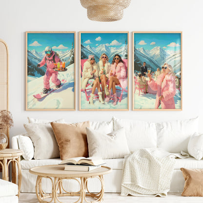 Vintage Ski Prints Pink Apres Ski Wall Art Set of 3