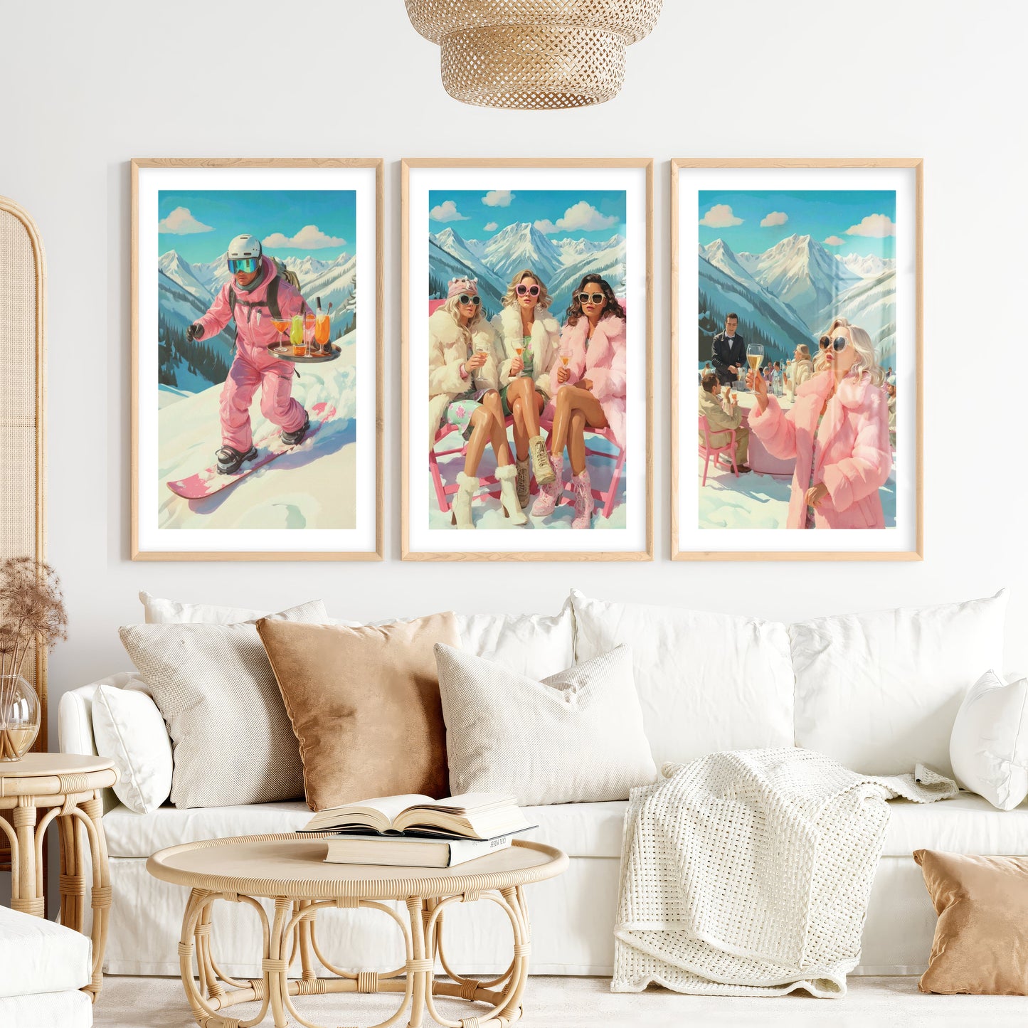 Vintage Ski Prints Pink Apres Ski Wall Art Set of 3