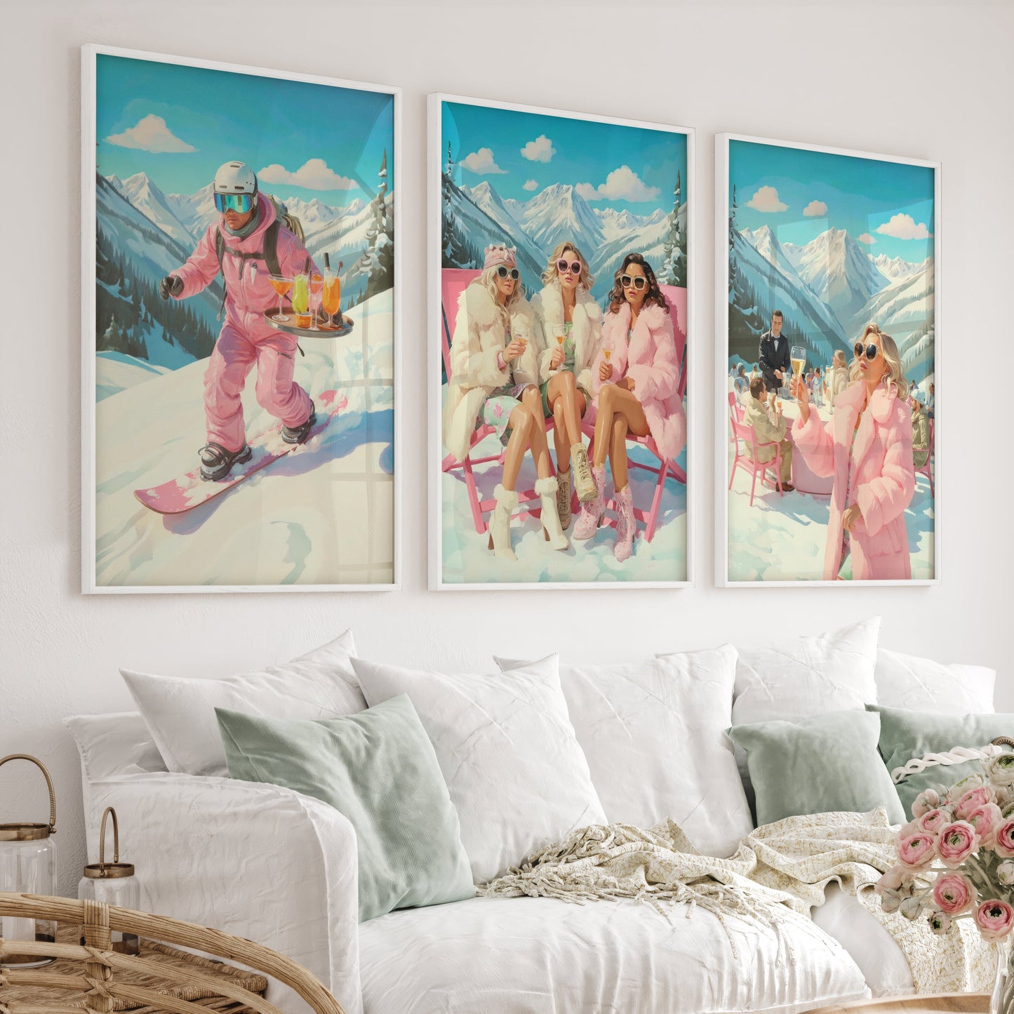 Vintage Ski Prints Pink Apres Ski Wall Art Set of 3
