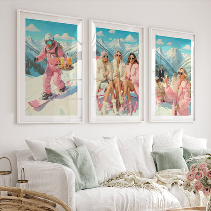 Vintage Ski Prints Pink Apres Ski Wall Art Set of 3