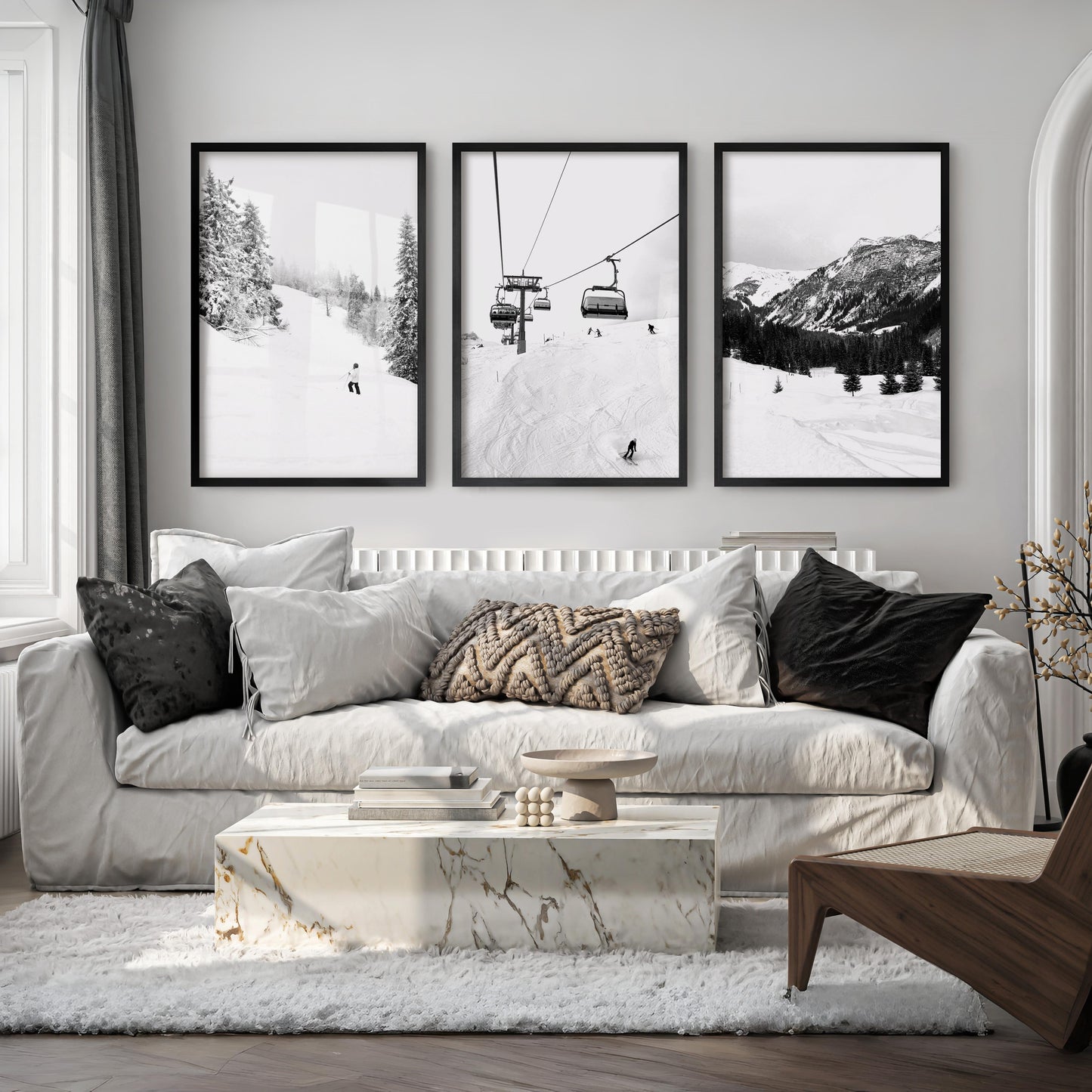 Winter Skiing Black White Wall Art. Ski Lift, Snowy Forest