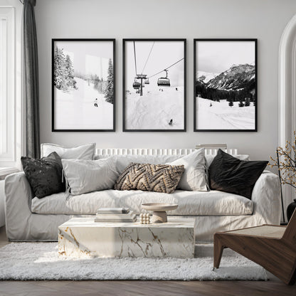 Winter Skiing Black White Wall Art. Ski Lift, Snowy Forest