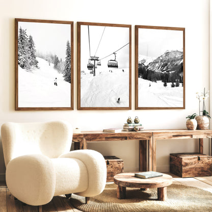 Winter Skiing Black White Wall Art. Ski Lift, Snowy Forest