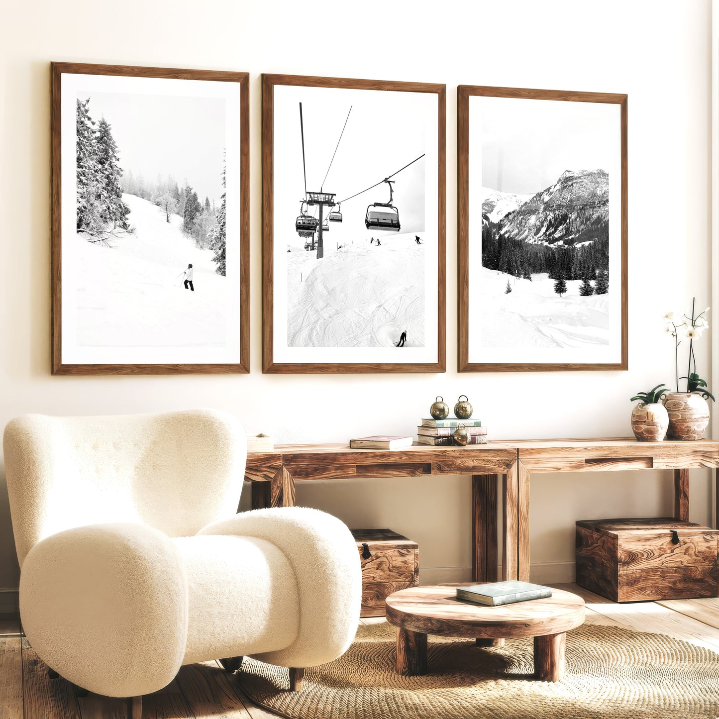 Winter Skiing Black White Wall Art. Ski Lift, Snowy Forest