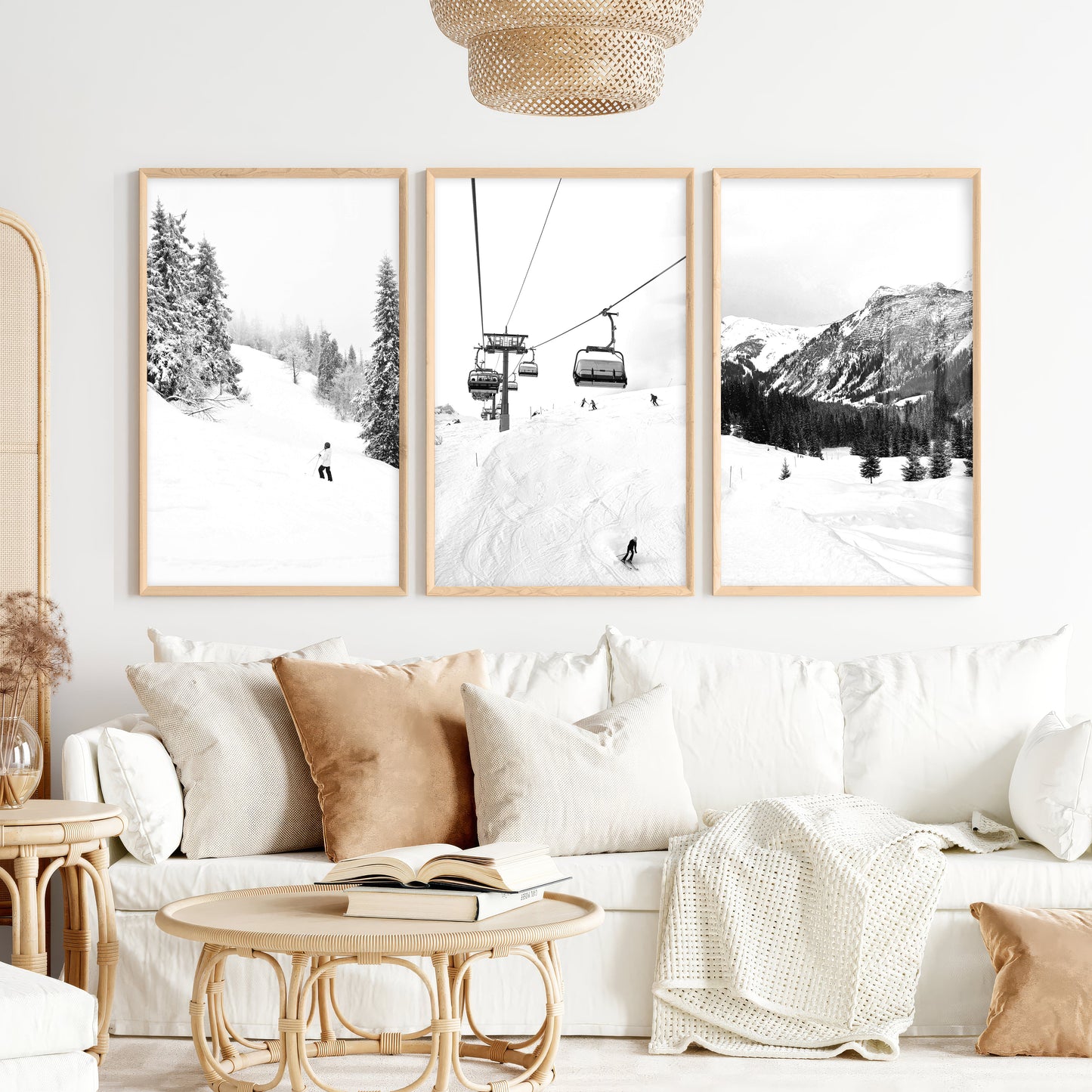 Winter Skiing Black White Wall Art. Ski Lift, Snowy Forest