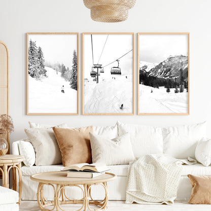 Winter Skiing Black White Wall Art. Ski Lift, Snowy Forest