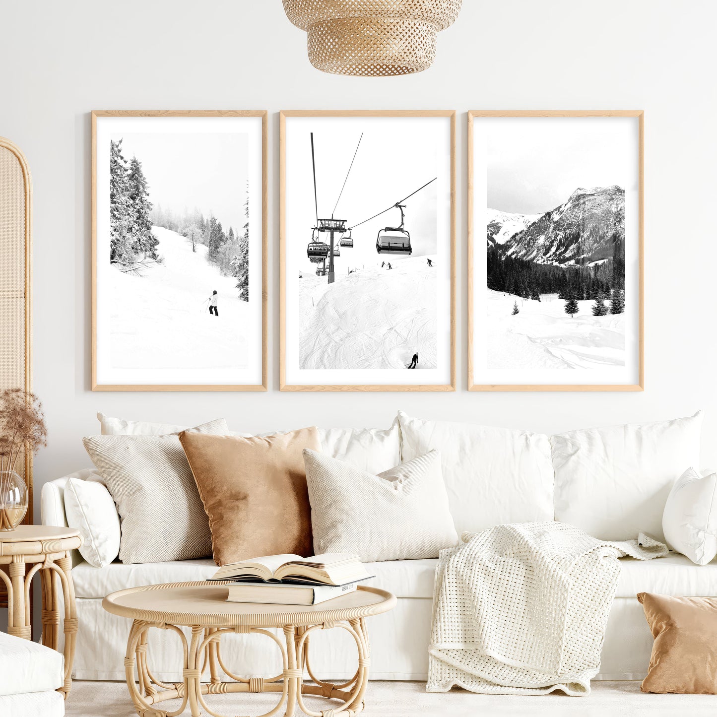 Winter Skiing Black White Wall Art. Ski Lift, Snowy Forest