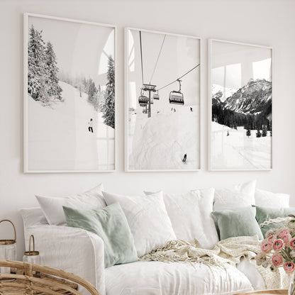 Winter Skiing Black White Wall Art. Ski Lift, Snowy Forest