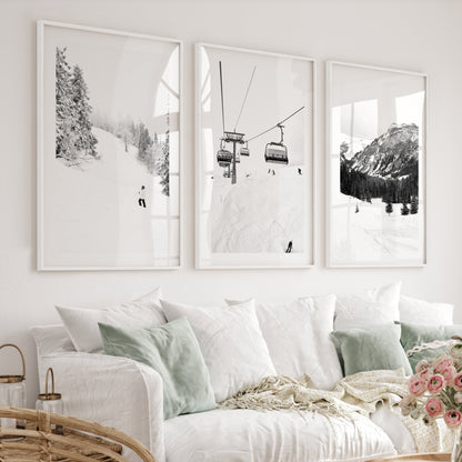 Winter Skiing Black White Wall Art. Ski Lift, Snowy Forest